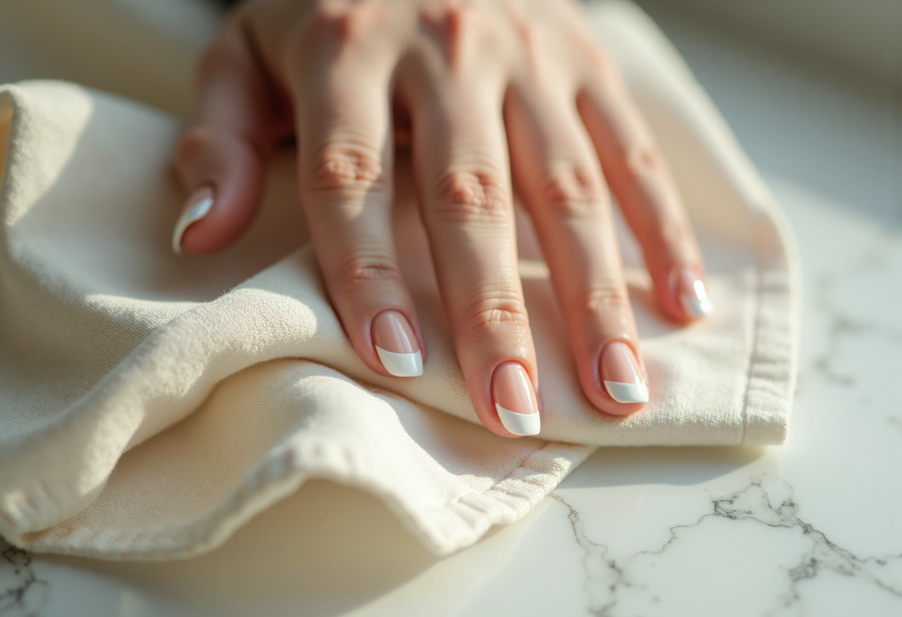 Sheer warm-white French on almond tips